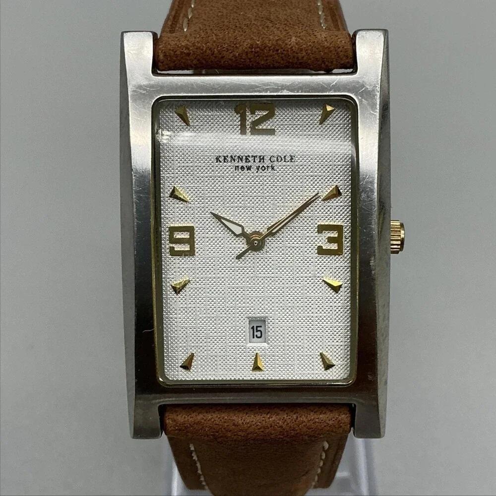 Kenneth Cole Mens Watch Silver Gold Tone Rectangular Leather Date New Battery